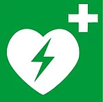 Ein grünes Symbol zeigt ein weißes Herz mit einem Blitz in der Mitte und einem Kreuz daneben, darüber steht der Schriftzug „Defibrillator“.