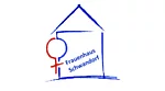 Ein skizzenhaft blau gezeichnetes Haus umrahmt den schräg gesetzten Schriftzug „Frauenhaus Schwandorf“, links ergänzt durch ein rotes Frauensymbol.