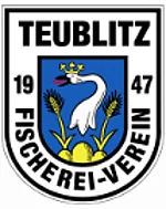 Auf der Grafik ist das Logo des Fischereiverein Teublitz e.V. zu sehen, das einen stilisierten Fisch als Symbol für Angeln und Gewässer darstellt.