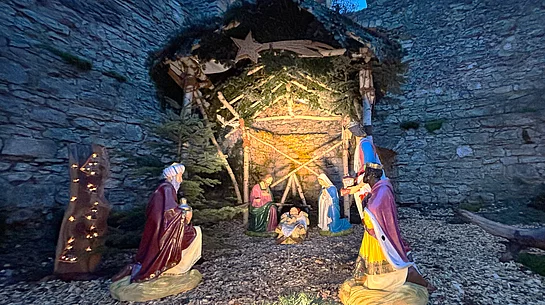 Das Bild zeigt eine stimmungsvoll beleuchtete Weihnachtskrippe mit lebensgroßen Figuren der Heiligen Familie und der Heiligen Drei Könige, aufgestellt in einer steinernen Ruine unter einem mit Tannenzweigen geschmückten Stall.