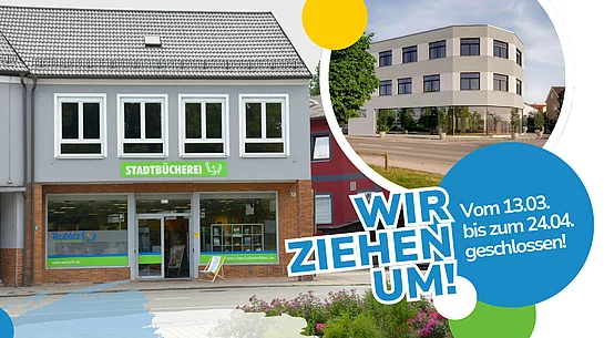 Eine Grafik zeigt die Stadtbücherei von außen sowie ein modernes neues Gebäude und informiert darüber, dass die Bücherei wegen eines Umzugs für mehrere Wochen geschlossen ist.