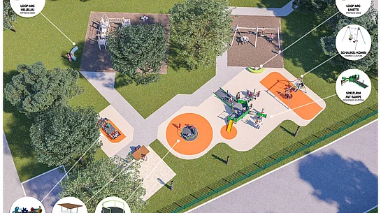 Eine Vogelperspektive zeigt den Entwurf eines inklusiven Spielplatzes mit verschiedenen Spielgeräten, Wegen, Bäumen und gekennzeichneten Bereichen wie Karussell, Wippe und Spielturm mit Rampe.