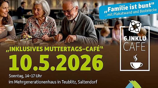 Werbegrafik für die „Familienwoche 2026“ in Teublitz mit Hinweis auf ein inklusives Muttertags-Café am 10.05.2026 im Mehrgenerationenhaus.