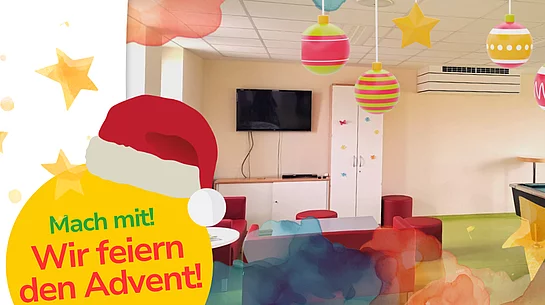 Ein weihnachtlich geschmückter Jugendraum mit bunten Ornamenten und Sternen zeigt Sitzgelegenheiten, einen Billardtisch und einen Fernseher, begleitet von dem Schriftzug „Mach mit! Wir feiern den Advent!“.
