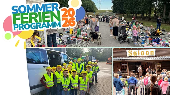 Collage zum Sommerferienprogramm 2026 mit drei Fotos. Oben ist ein gut besuchter Kinderwarenflohmarkt zu sehen, bei dem Familien entlang einer Straße zwischen zahlreichen Verkaufsständen unterwegs sind. Links unten steht eine Gruppe von Kindern in gelben Warnwesten und Schutzhelmen gemeinsam mit zwei Erwachsenen vor einem Kleinbus. Rechts unten versammeln sich zahlreiche Kinder vor einem Gebäude im Westernstil mit der Aufschrift „Saloon“, wo mehrere als Cowboys gekleidete Personen die Gruppe begrüßen. Links oben befindet sich der farbenfrohe Schriftzug „Sommerferienprogramm 2026“.