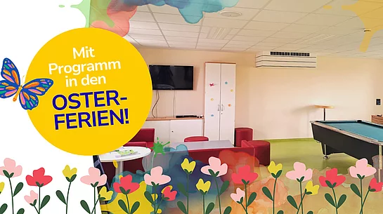 Eine bunte Grafik zeigt einen gemütlichen Jugendtreff-Raum mit Sitzgelegenheiten und Billardtisch und weist darauf hin, dass dort in den Osterferien ein besonderes Ferienprogramm stattfindet.